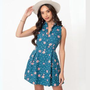L.A Soul - Teal & Pink Floral Polka Dot Fit & Flare Dress - Size Large